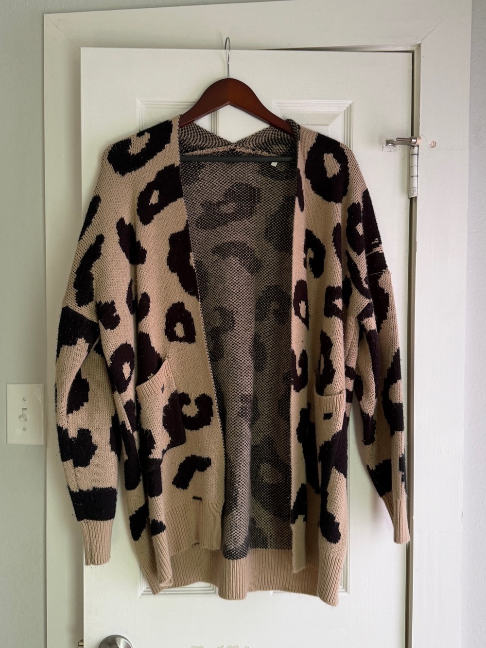 Beige Leopard Print Open Front Cardigan Sweater